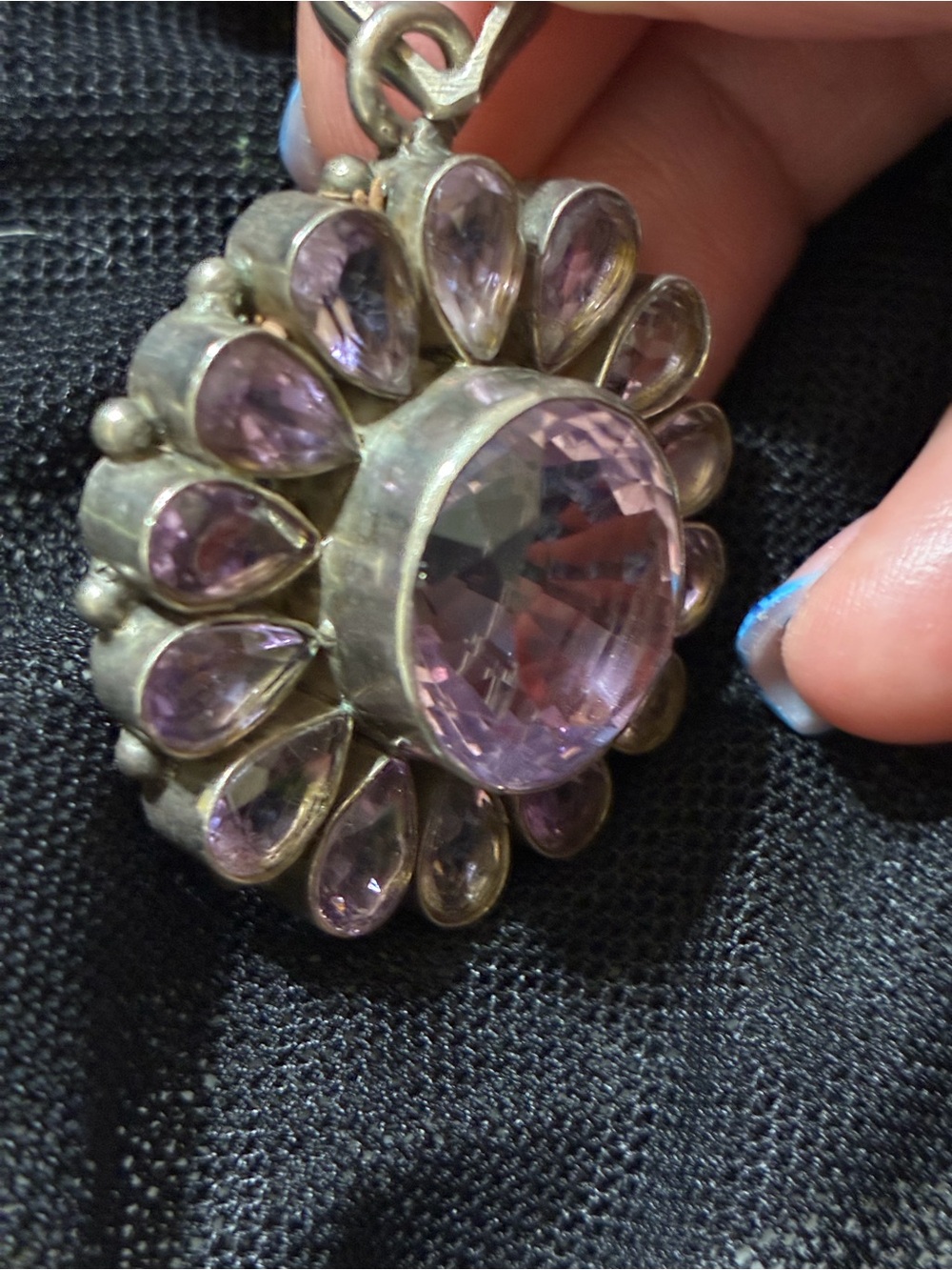 Vintage 925 Sterling Silver Amethyst Crystal Floral Pendant - Picture 2 of 4